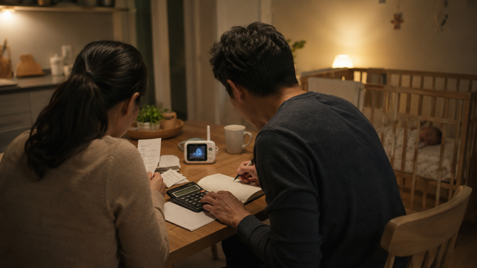 Un couple calcule son budget familial le soir à la table de la cuisine, un babyphone posé à côté
