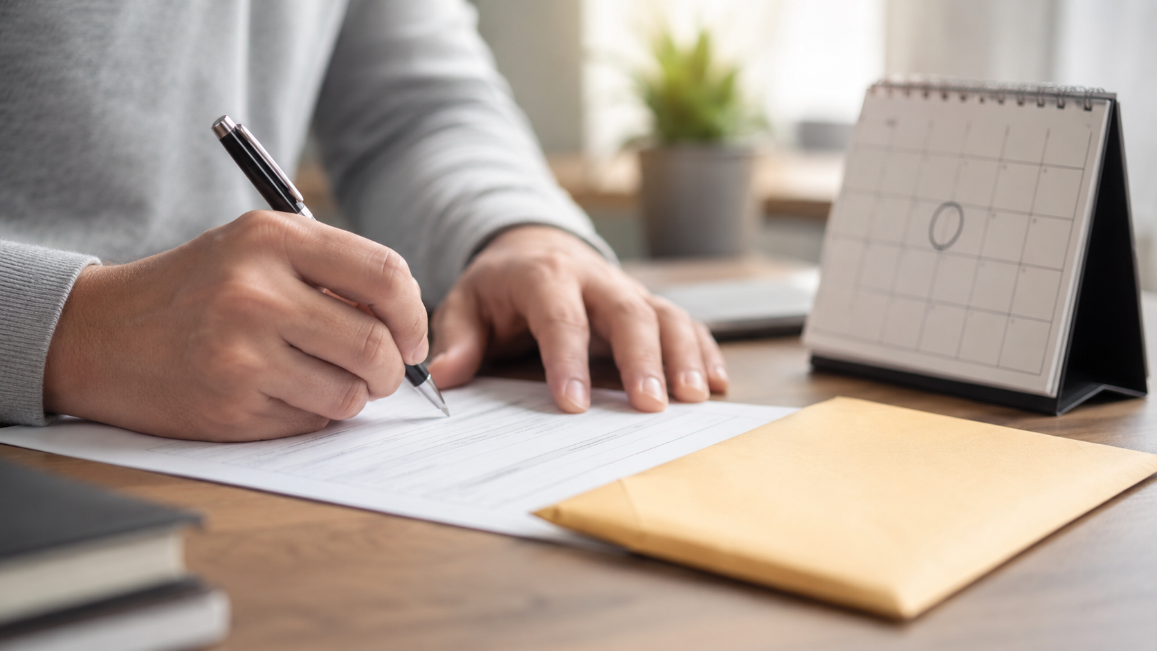Un parent remplit un formulaire administratif à un bureau, une enveloppe et un calendrier à côté