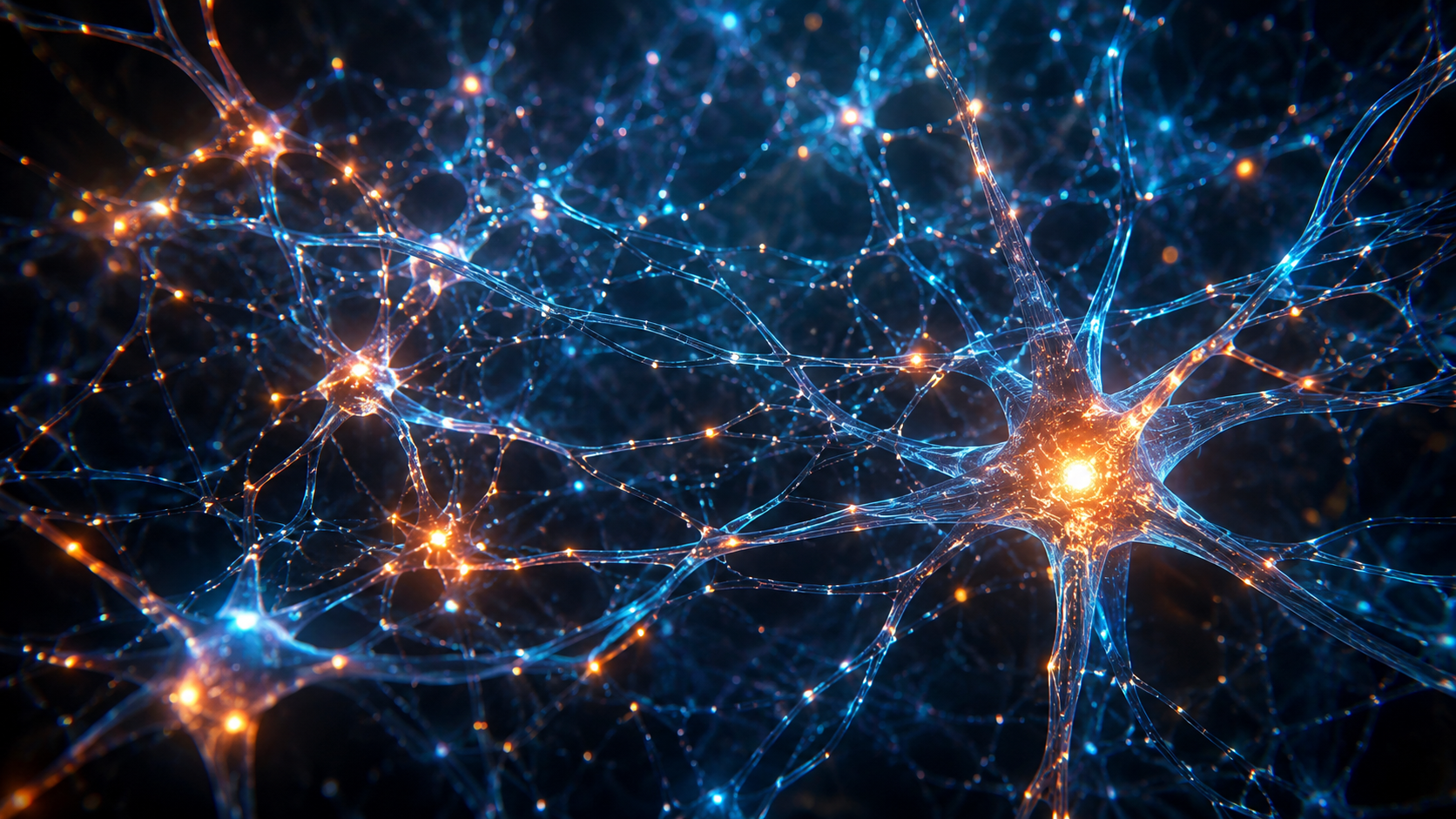 Réseau 3D abstrait de filaments lumineux évoquant un câblage neuronal