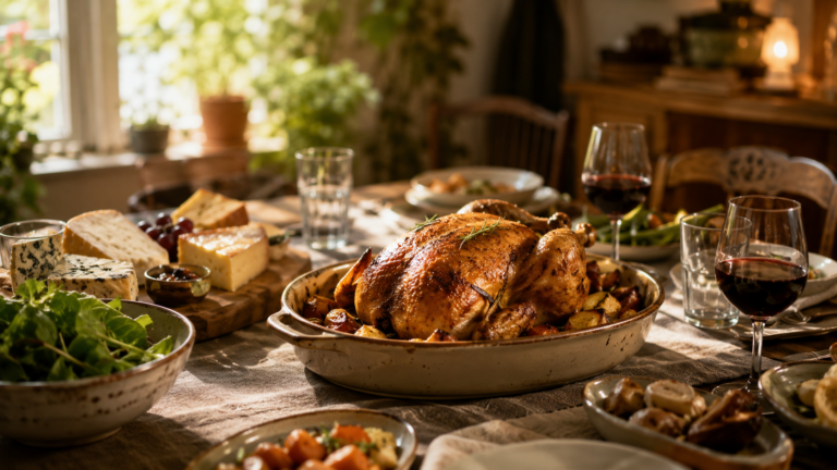 Table de repas française avec plat de poulet flou et fromages, sans visage ni texte