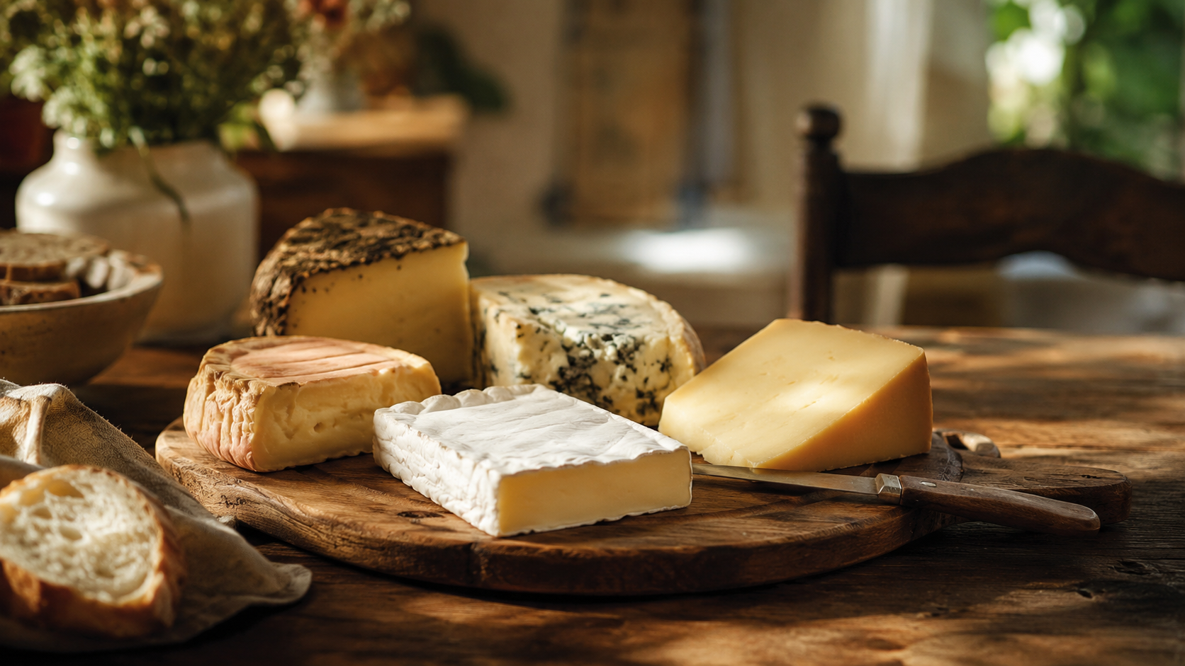 Plateau de fromages sur table en bois, aucun texte visible