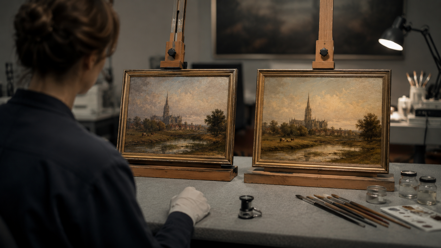 Historien d'art comparant deux petites peintures a l'huile dans un atelier de conservation