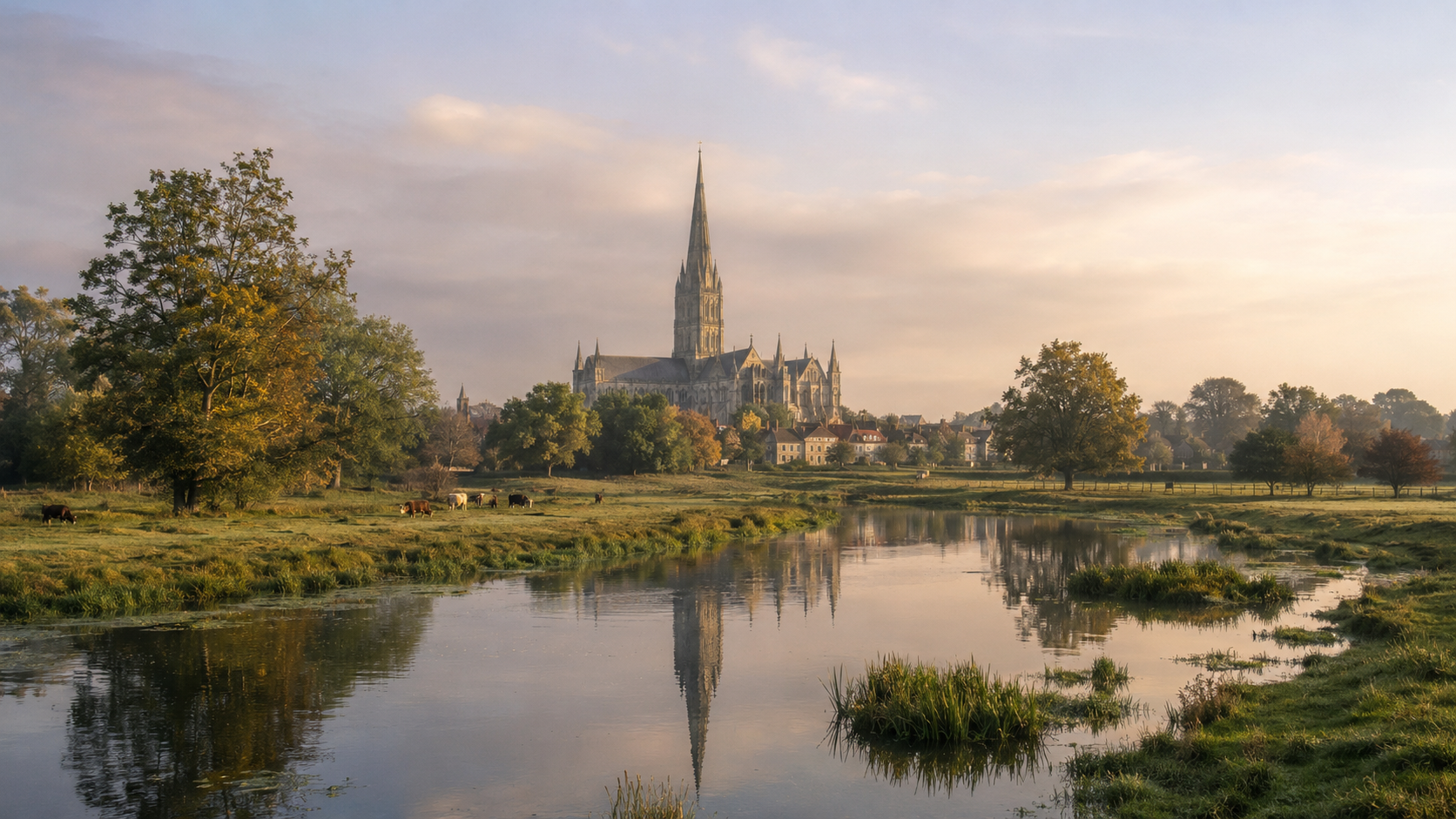 Cathedrale de Salisbury vue depuis les prairies humides de la riviere Avon, lumiere matinale anglaise