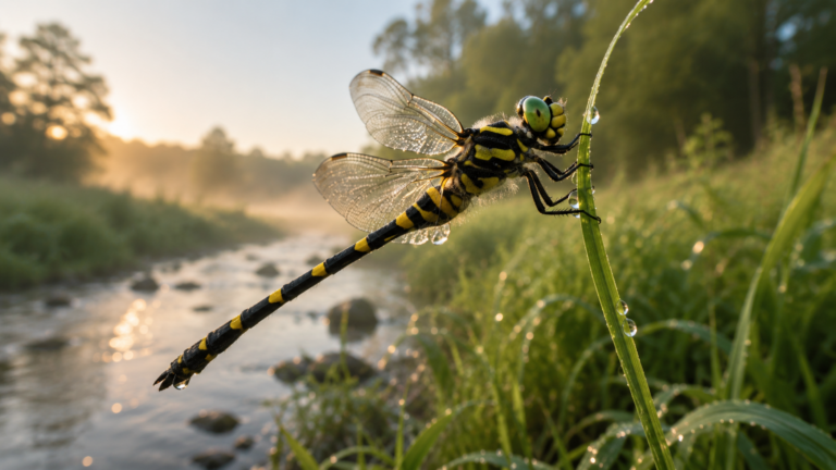 Une grande libellule au corps noir cerclé de jaune posée sur une tige d'herbe au bord d'un ruisseau au petit matin