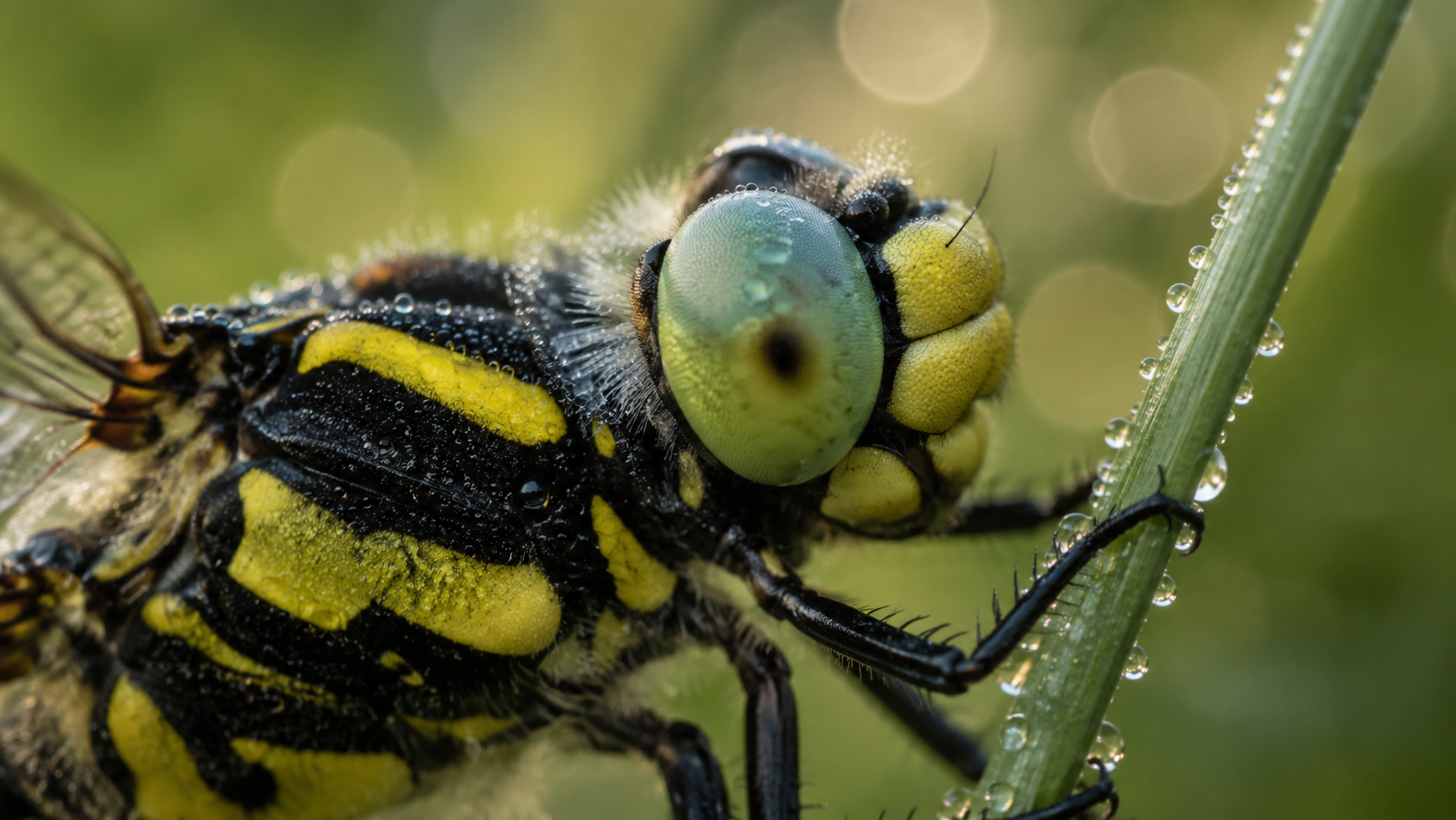 Gros plan sur la tête et le corps rayé jaune et noir d'un cordulégastre annelé immobile sur une tige