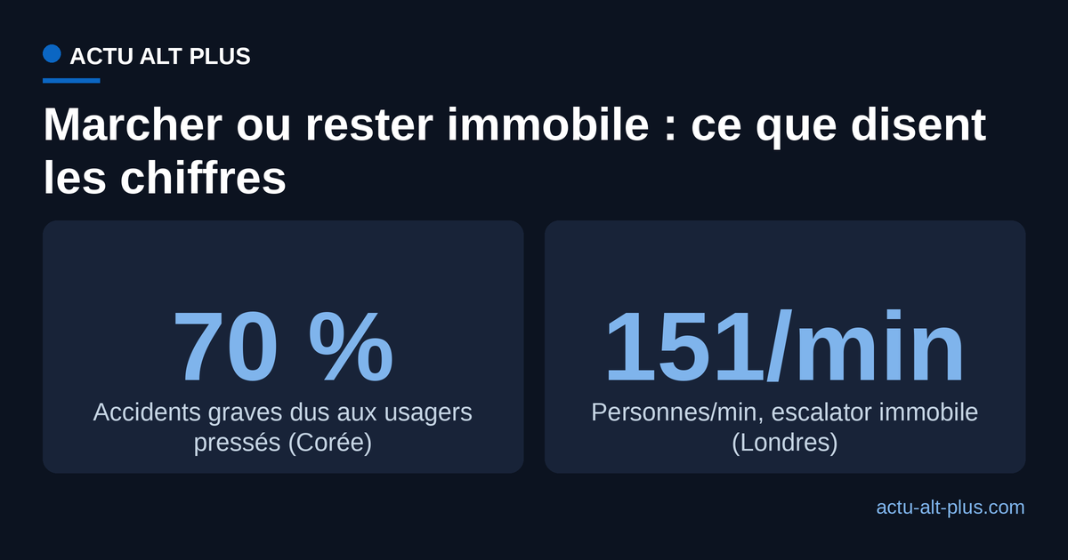 Deux logiques opposées sur les escalators : sécurité et usure plaident pour l'immobilité (70 % des accidents dus aux pressés), capacité aussi sur les grands escaliers (151 contre 115 personnes par minute à Londres)