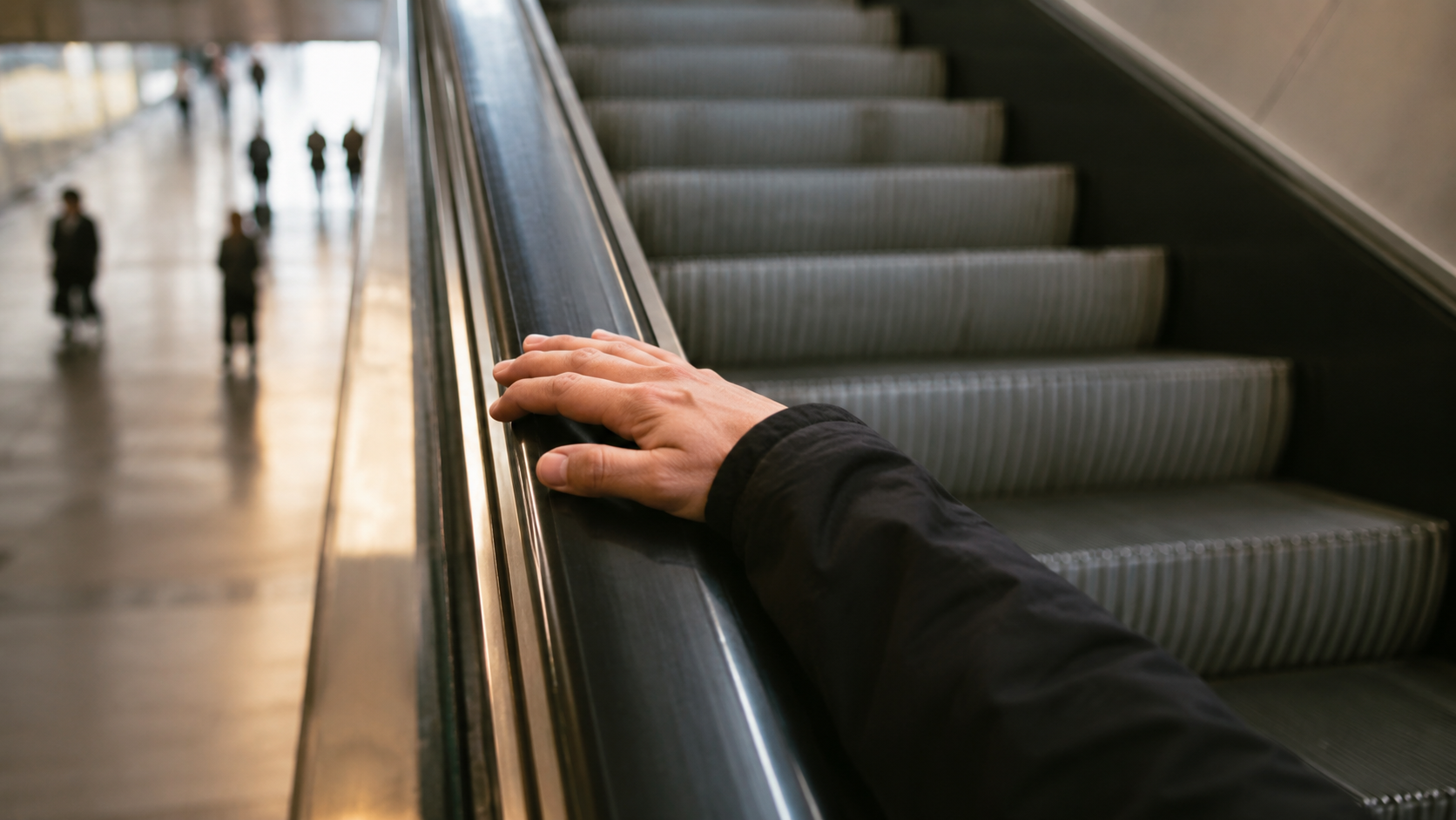 Une main posée sur la rampe en mouvement d'un escalator de gare, marches métalliques