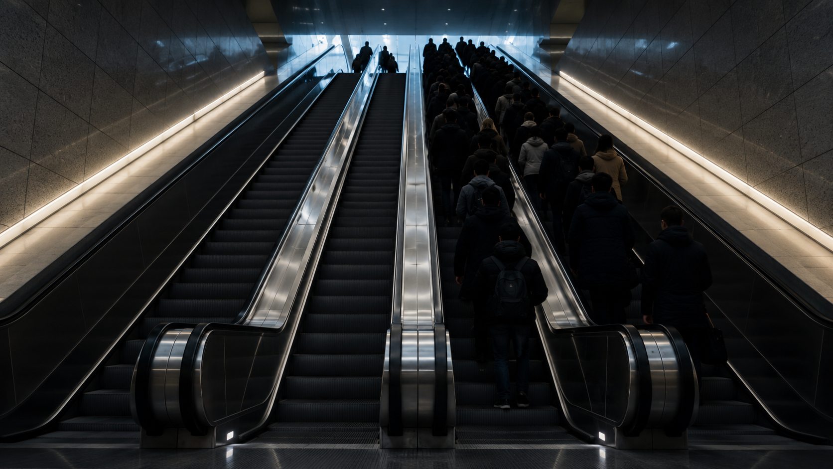 Deux escalators de métro côte à côte, l'un occupé d'un seul côté, l'autre rempli des deux côtés