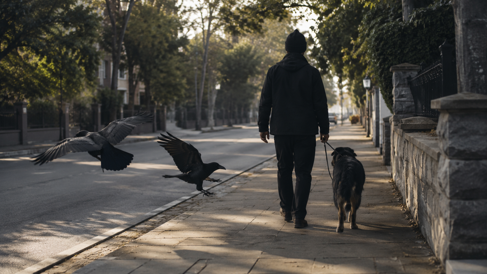 Silhouette de dos promenant un chien, deux corneilles volant bas autour d'elle