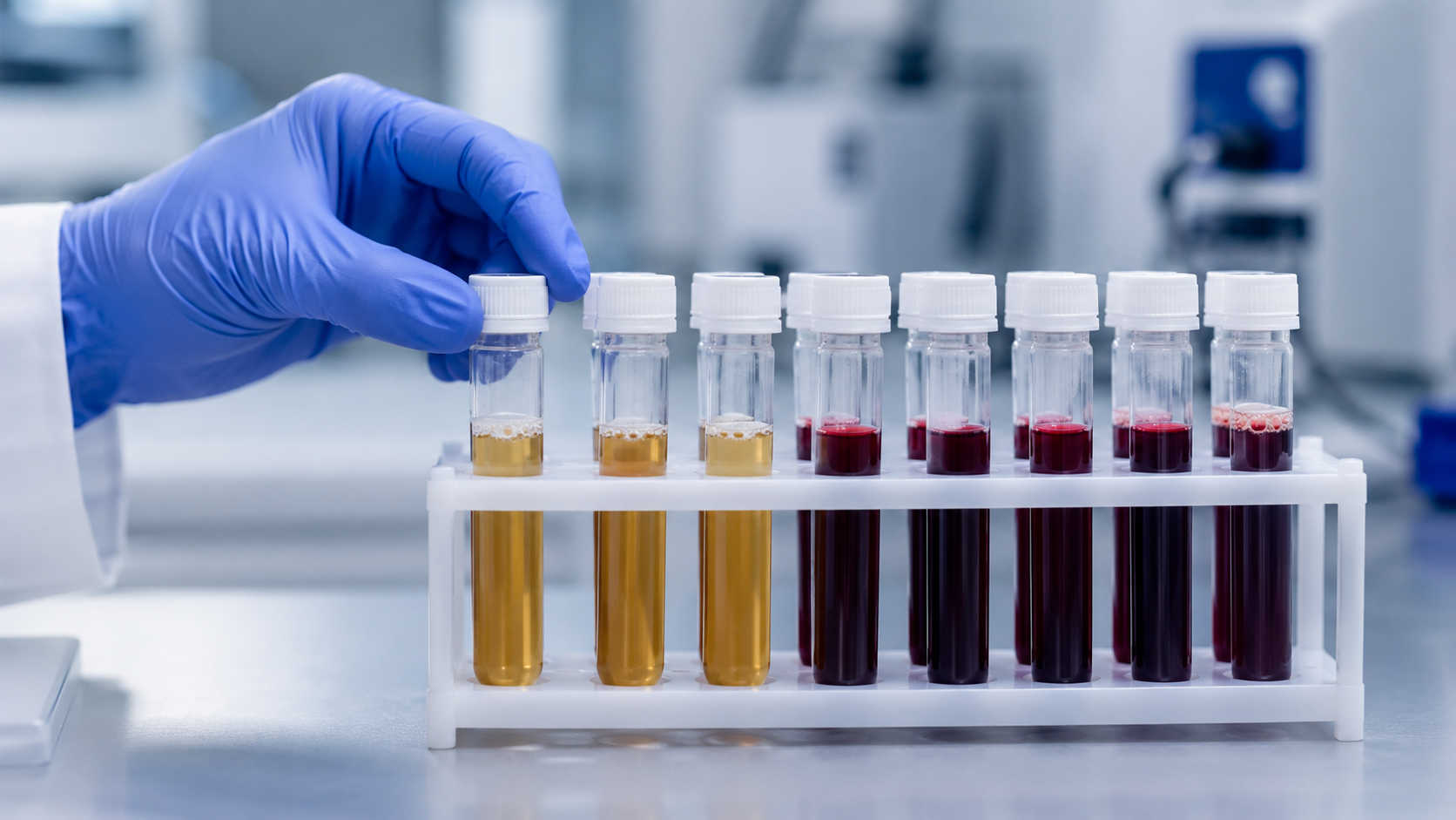 Portoir de tubes d'analyse en laboratoire, une main gantée manipulant un échantillon