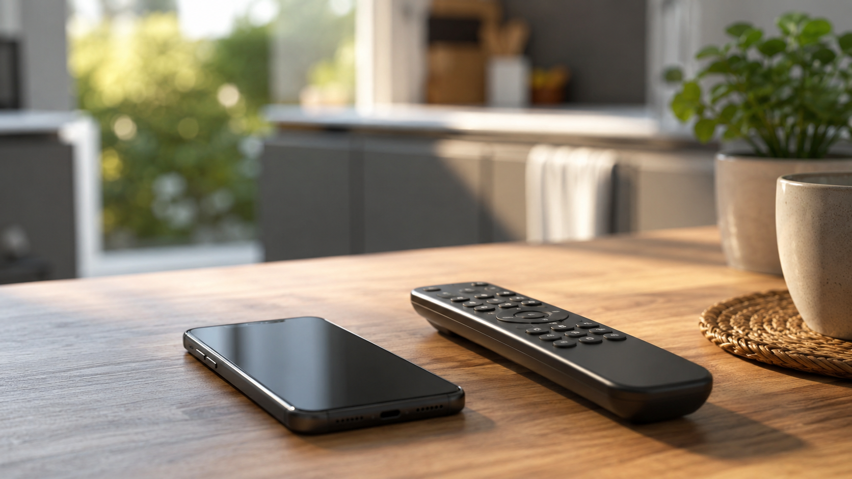 Une télécommande et un smartphone posés sur une table de cuisine au matin, prêts pour un replay