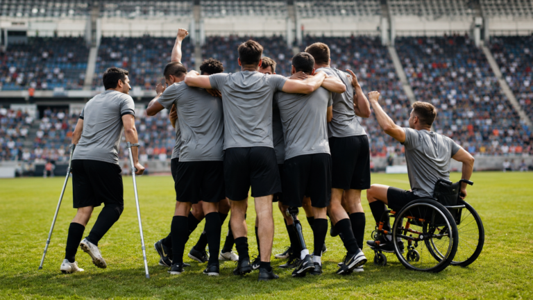 Equipe de football amateur celebrant ensemble sur la pelouse d'un stade, maillots identiques