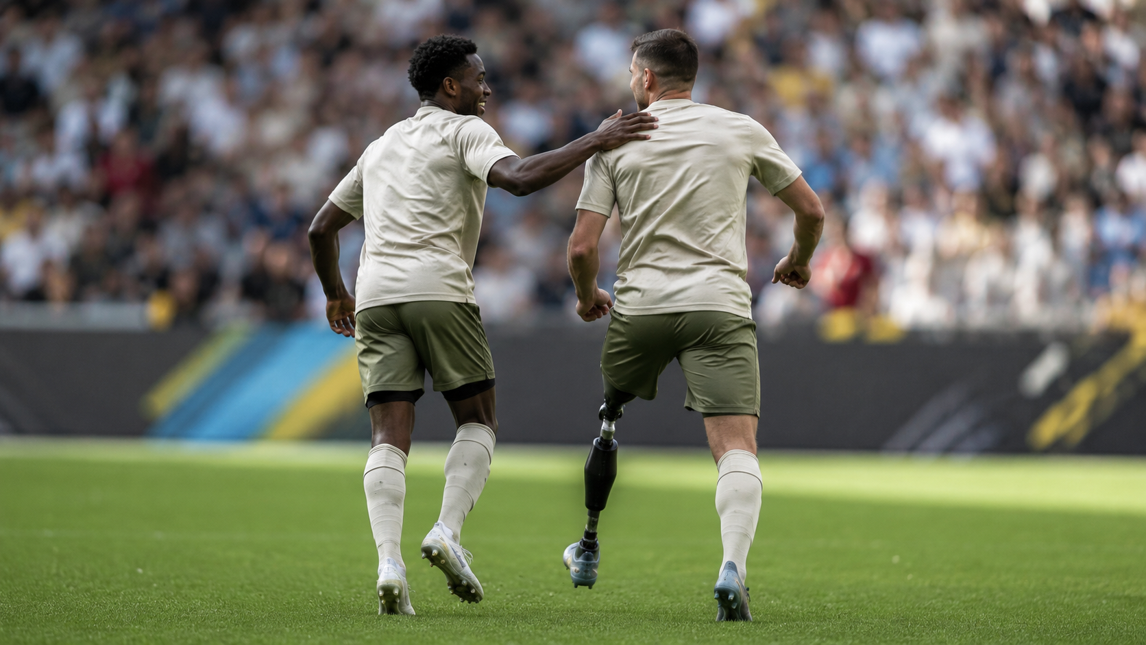 Deux coequipiers d'une meme equipe de football echangeant un geste de complicite pendant un match