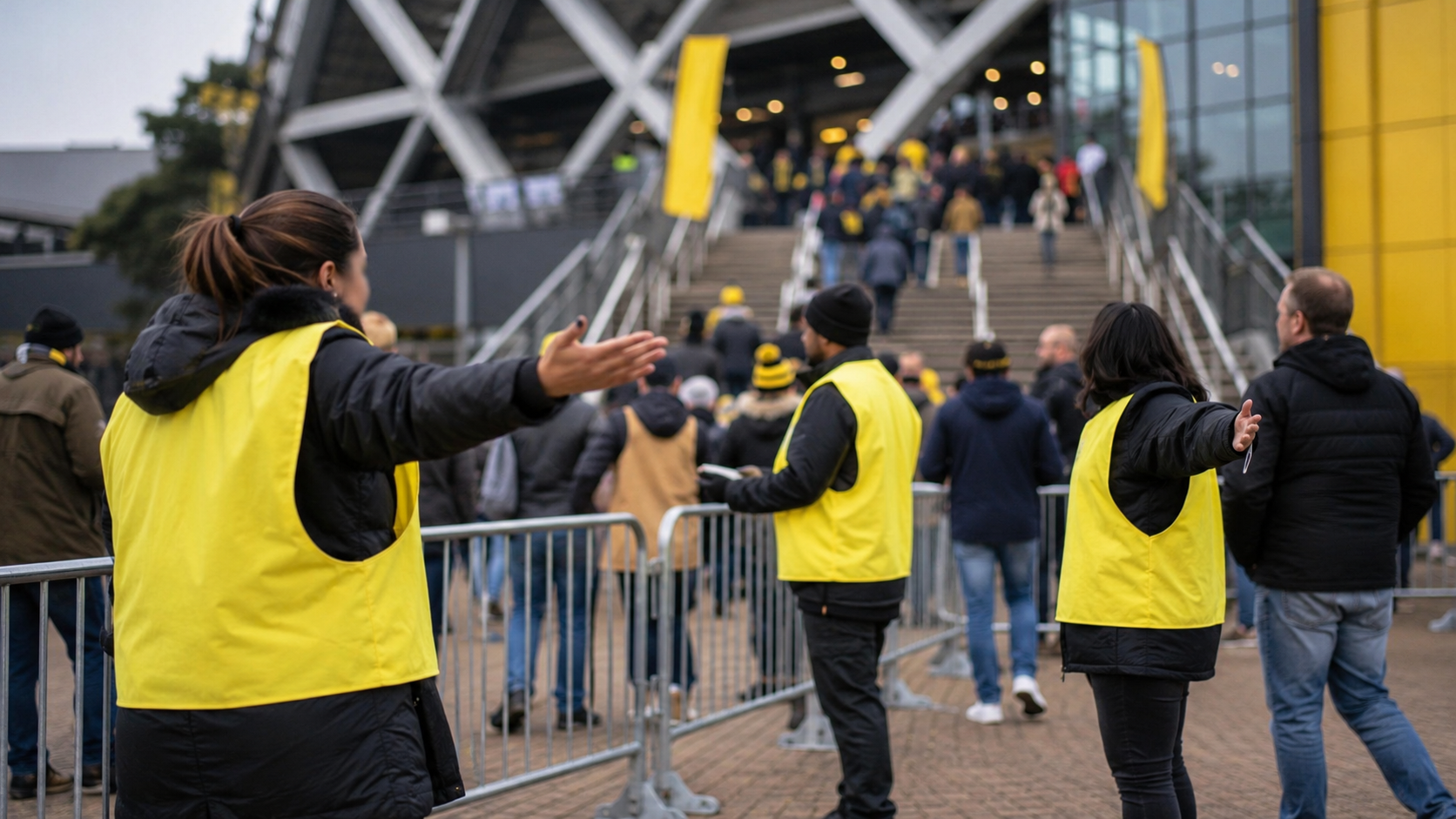 Rangee de benevoles en chasubles unies accueillant le public a l'entree d'un stade