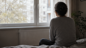 Personne adulte au repos pres d'une fenetre, evoquant la fatigue persistante du Covid long