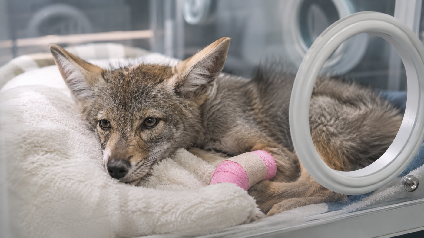 Jeune coyote en couveuse de centre de soins, en convalescence après le retrait d'épines de cactus