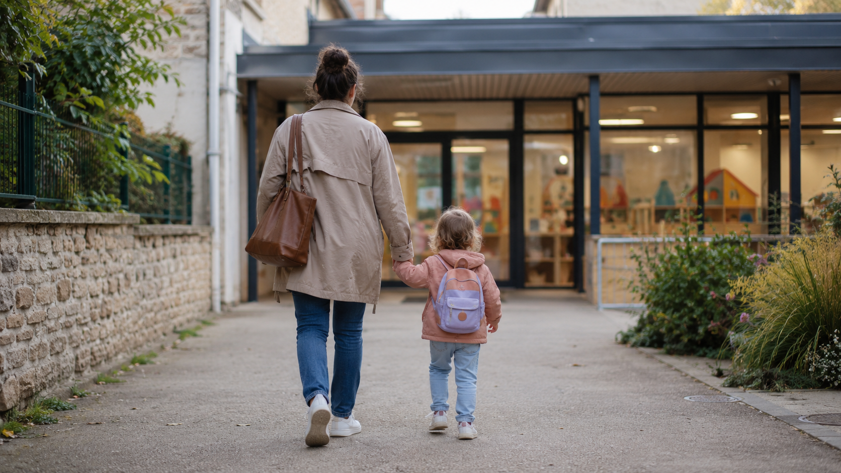 Main d'un parent tenant celle d'un jeune enfant devant l'entrée d'une crèche en petite ville