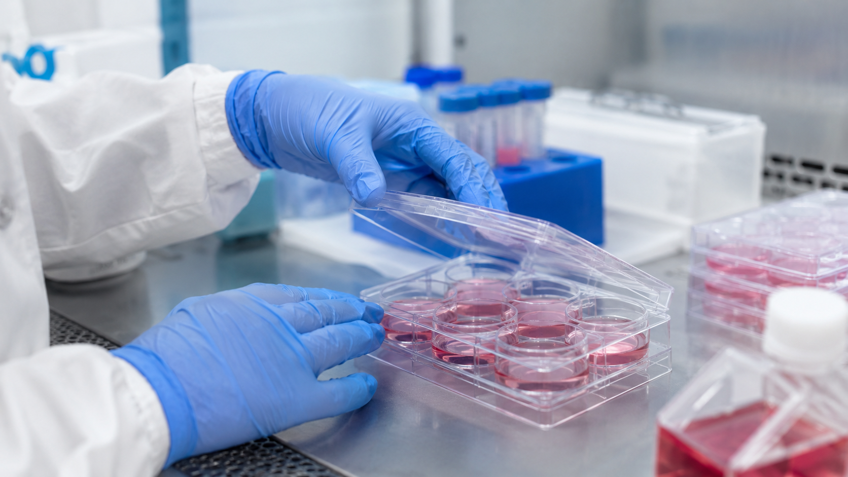 Mains gantées manipulant des plaques de culture cellulaire dans un laboratoire de génomique