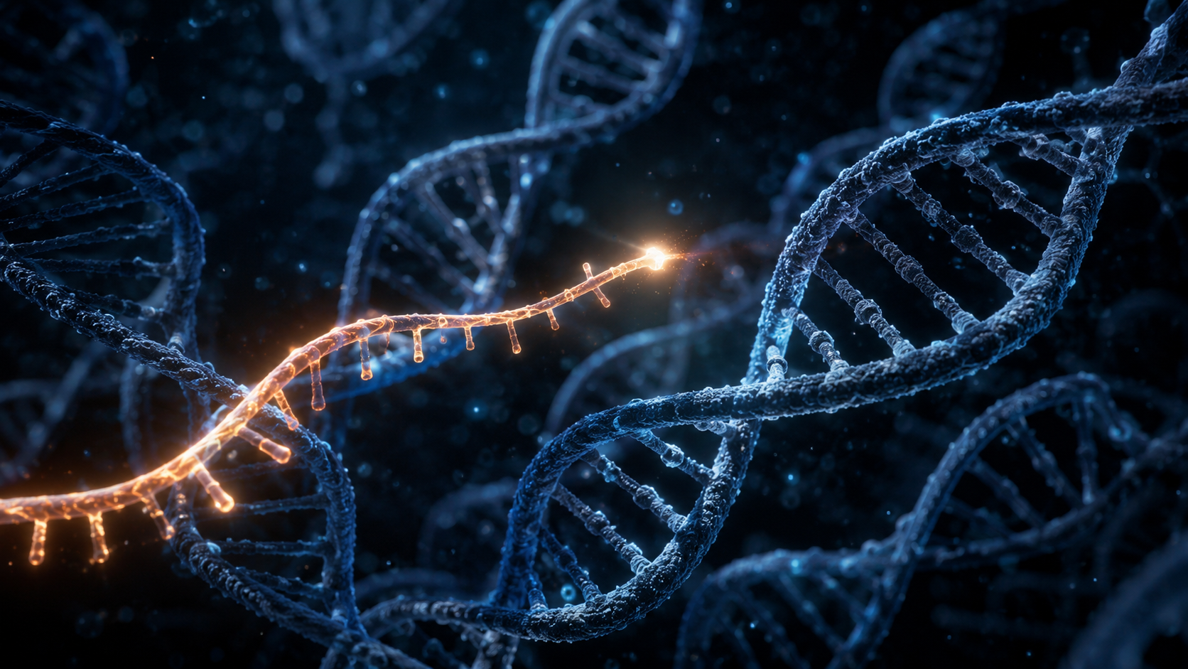Représentation abstraite d'un ARN guide cherchant une cible parmi des hélices d'ADN