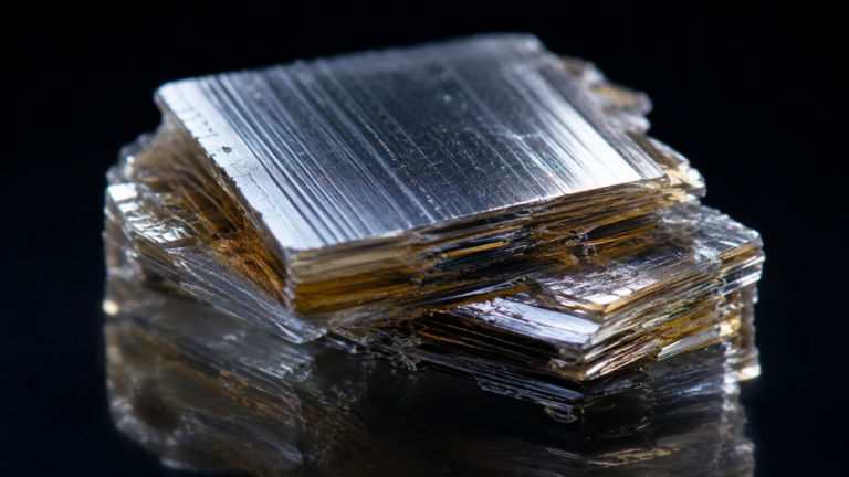 Éclat de cristal en couches réfléchissant la lumière comme un miroir sous un éclairage de laboratoire