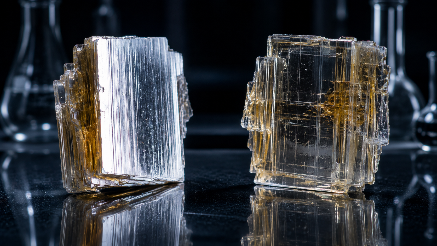 Le même cristal réfléchissant comme un métal puis transparent comme du verre après une rotation