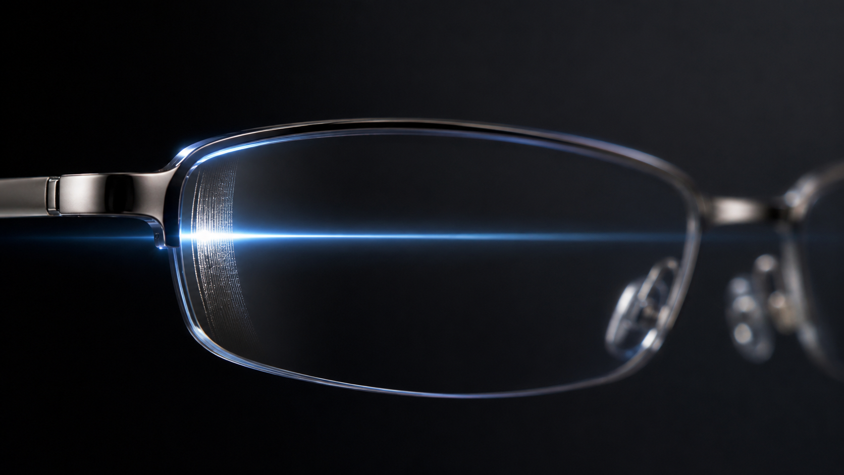 Fine couche optique transparente intégrée à une monture de lunettes, traversée par un faisceau lumineux