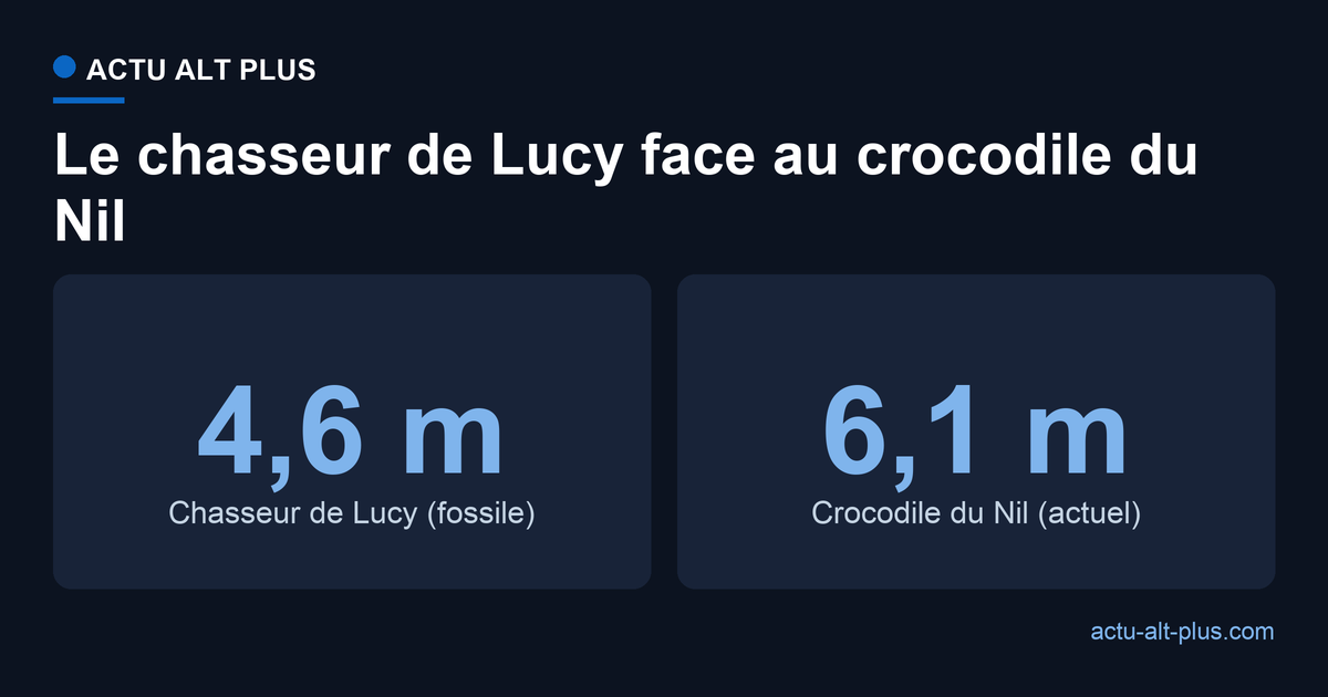Comparaison de taille : le crocodile fossile de Lucy mesurait jusqu'à 4,6 mètres, le crocodile du Nil actuel jusqu'à plus de 6 mètres