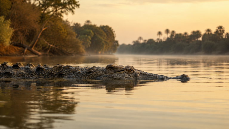 Un grand crocodile à demi immergé au bord d'une rivière africaine au lever du jour, seuls les yeux et le museau dépassent