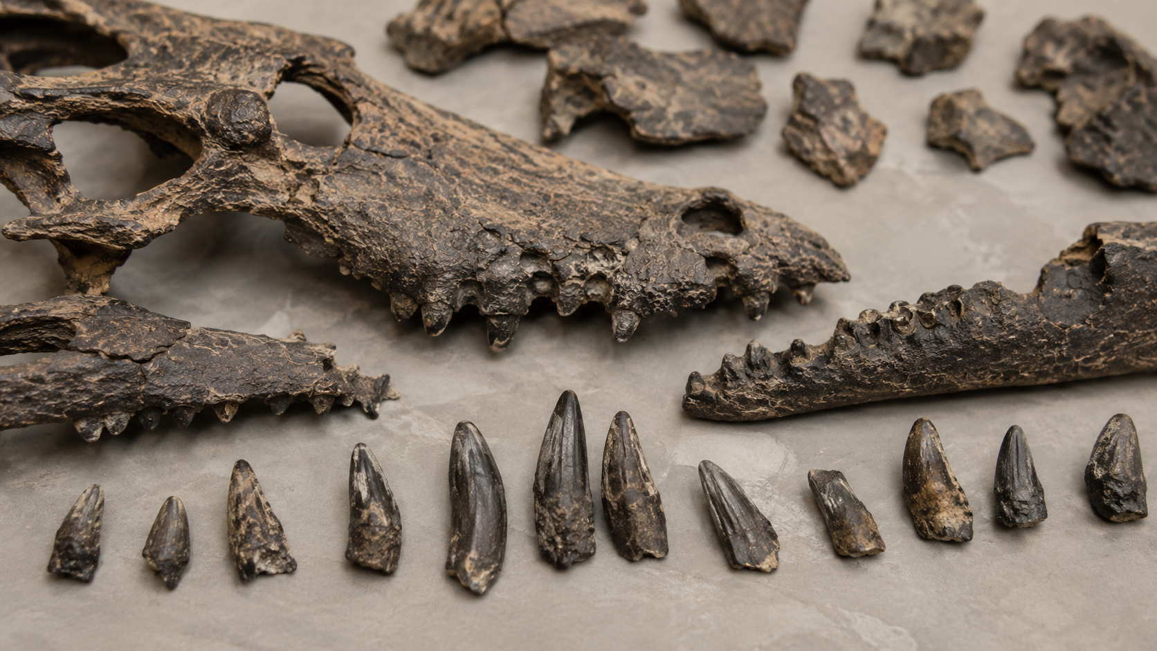 Fragments de crâne et dents de crocodile fossile disposés pour étude sur une surface neutre