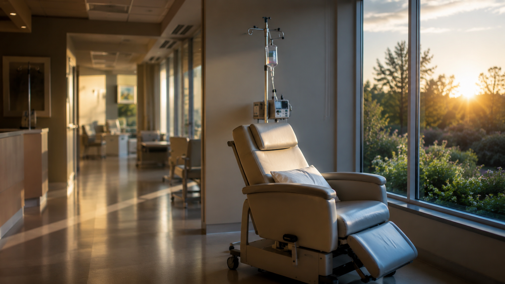 Fauteuil vide dans un couloir d’hôpital lumineux