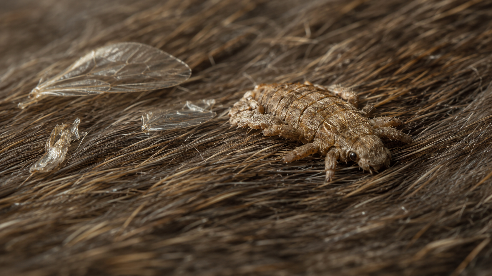Détail macro d'un insecte plat sur pelage avec ailes translucides hors focus.