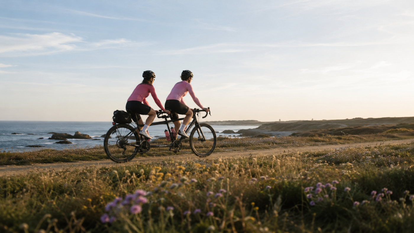 Un tandem progresse sur un chemin côtier de la Vélodyssée, entre Roscoff et Hendaye