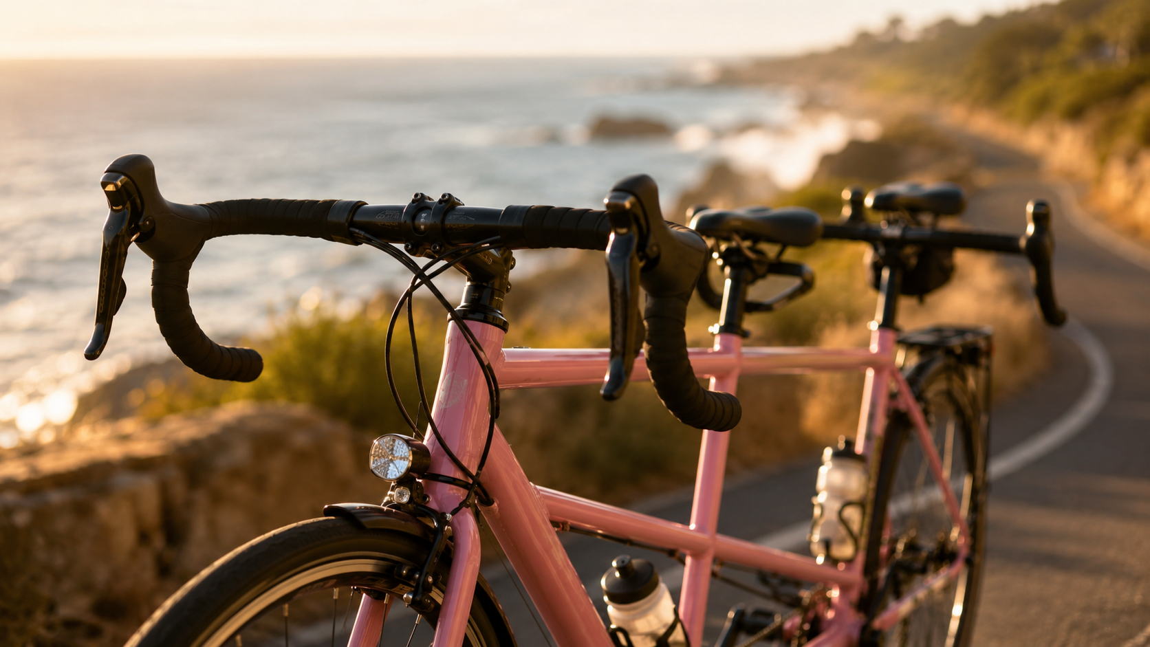 Deux paires de mains tiennent le guidon d'un tandem sur une route atlantique