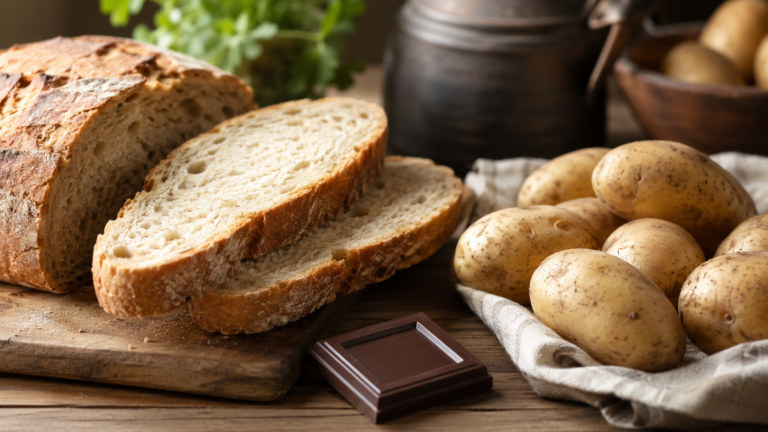 Du pain tranché, des pommes de terre et un carré de chocolat noir réunis sur une table de cuisine en bois