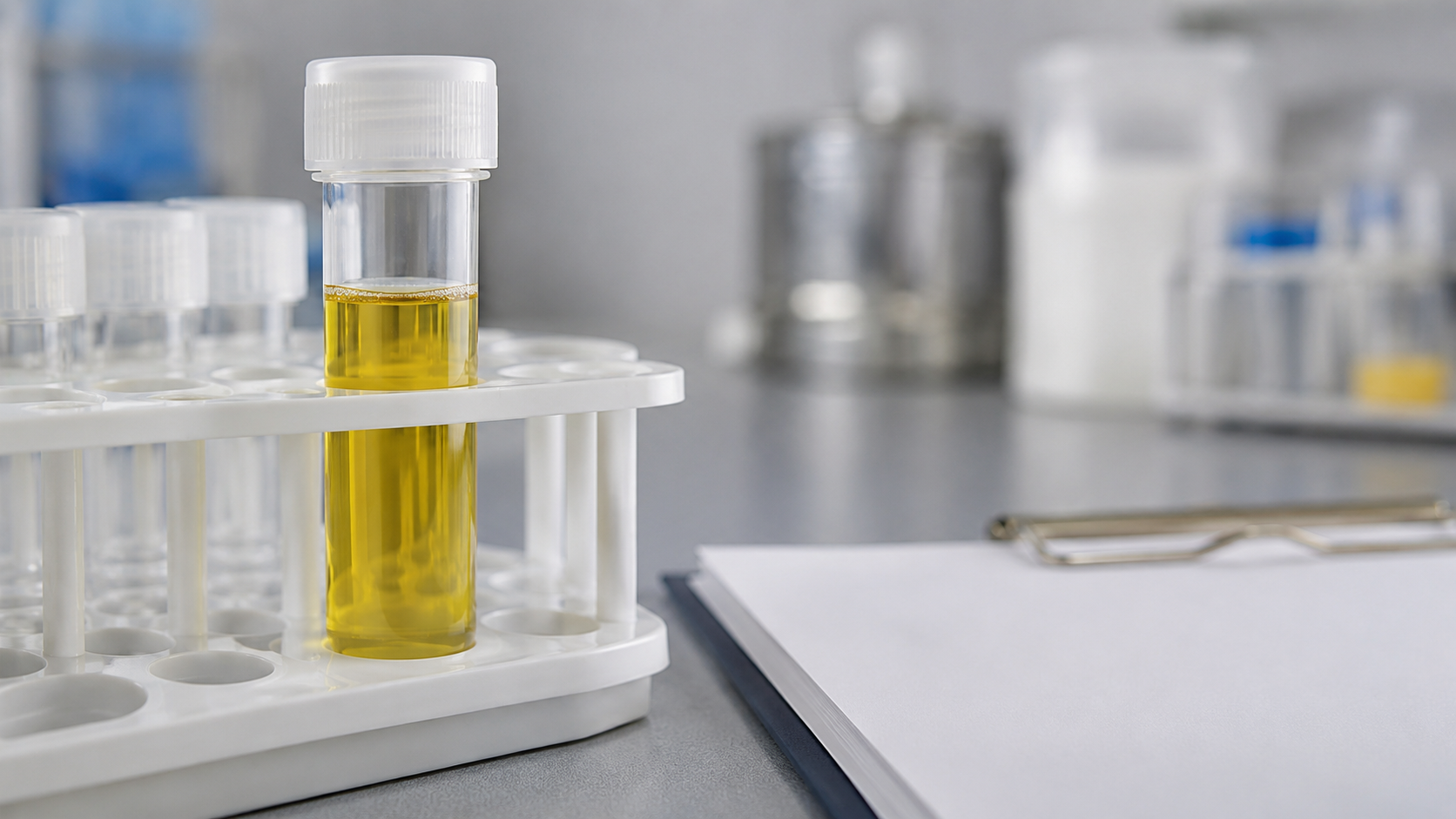 Un tube d'analyse urinaire dans un portoir de laboratoire à côté d'une ordonnance