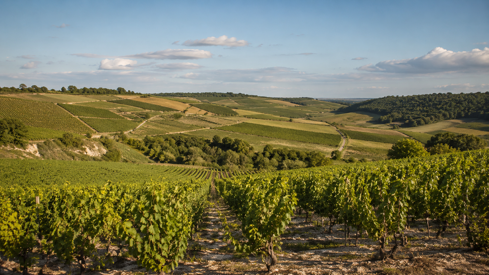 Un paysage agricole français de vignes et de champs sur sol crayeux sous la lumière d'après-midi