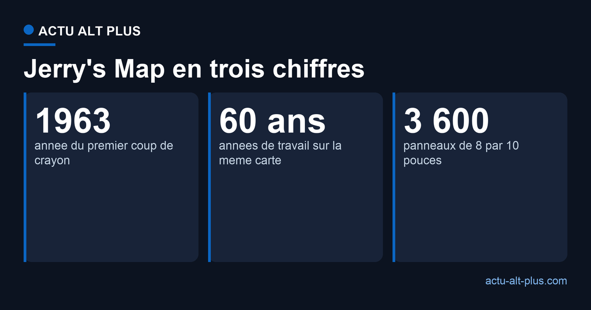 Trois chiffres de Jerry's Map : un debut en 1963, plus de soixante ans de travail, quelque 3 600 panneaux