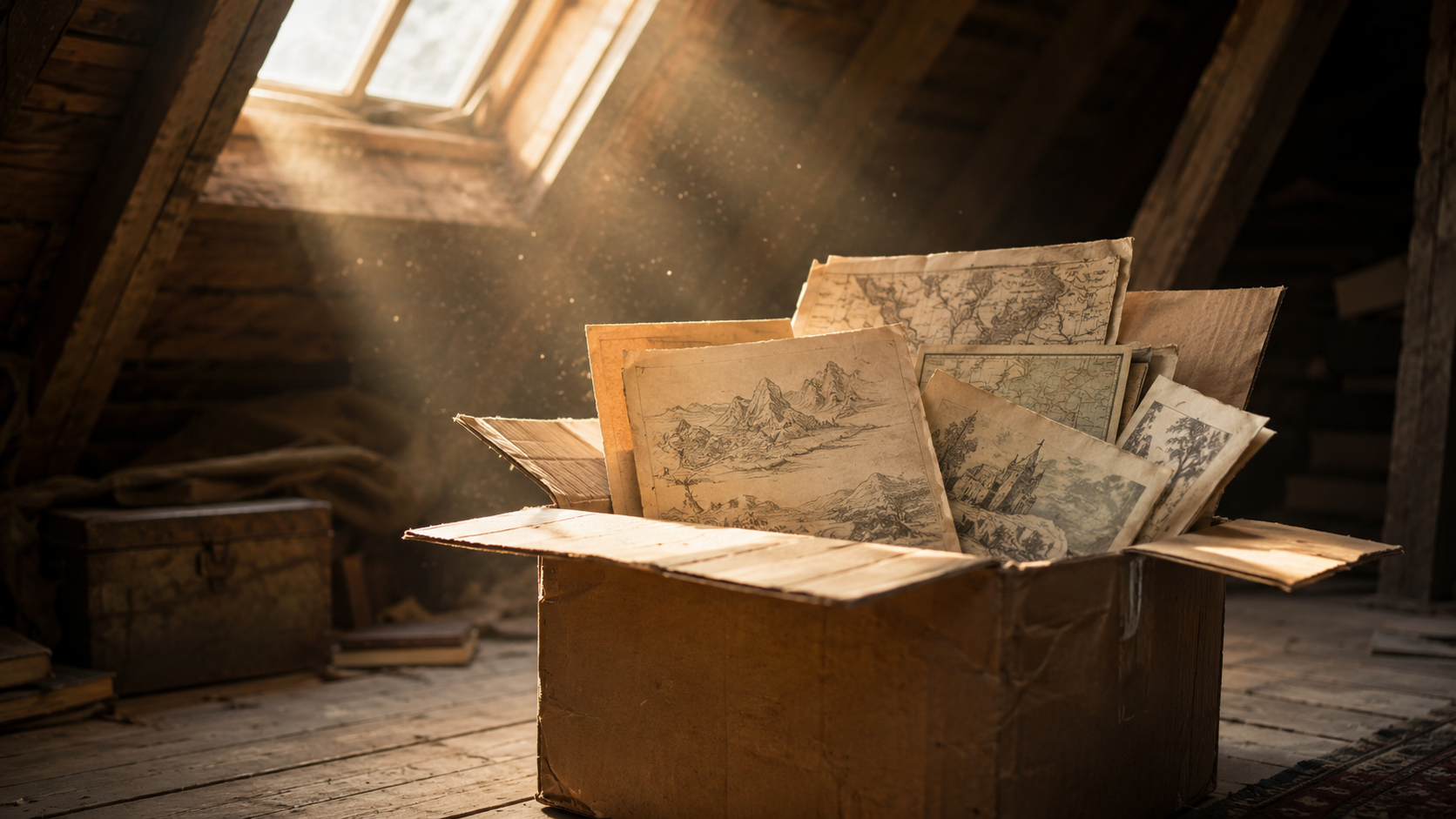 Un carton poussiereux dans un grenier d'ou depassent de vieux papiers dessines a la main
