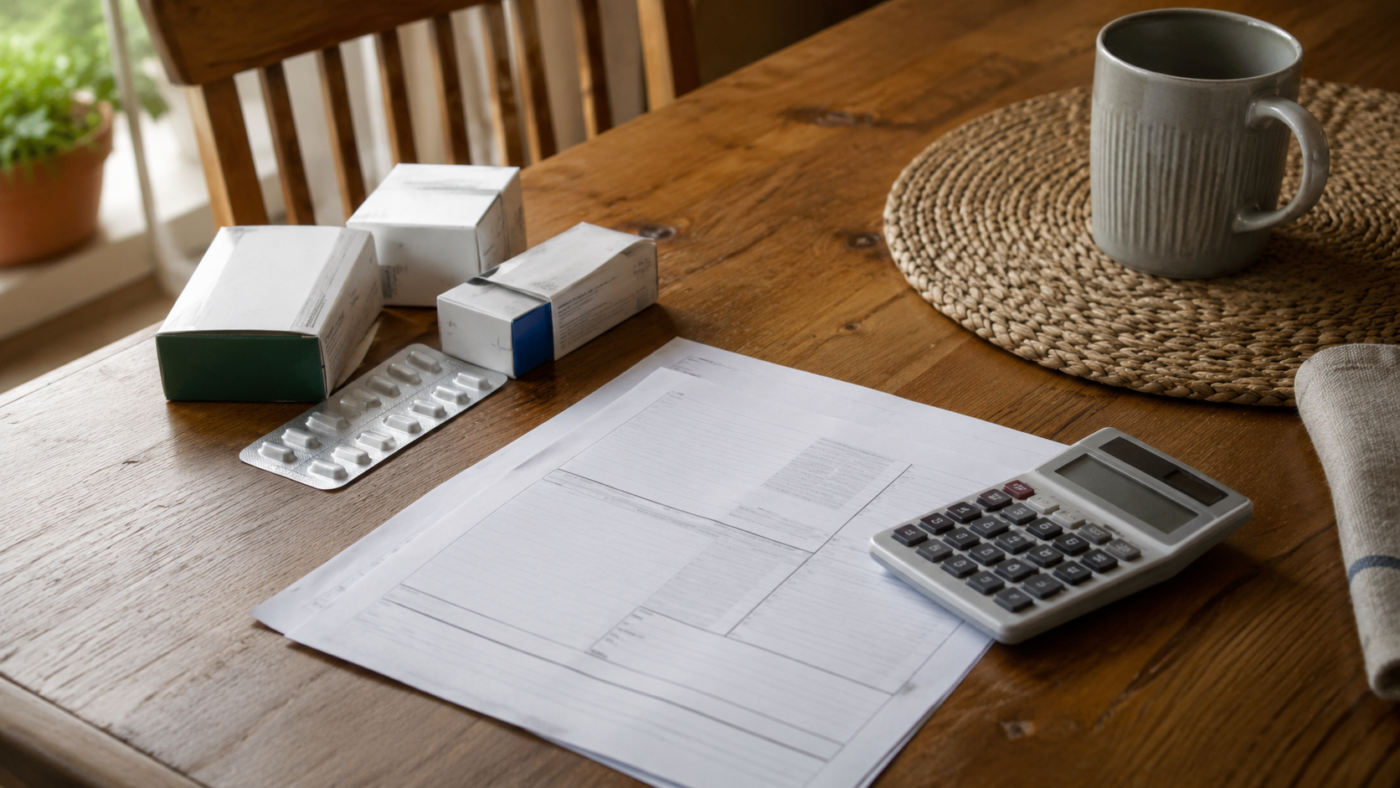 Une table de cuisine avec des boites de médicaments, un formulaire de remboursement et une calculatrice