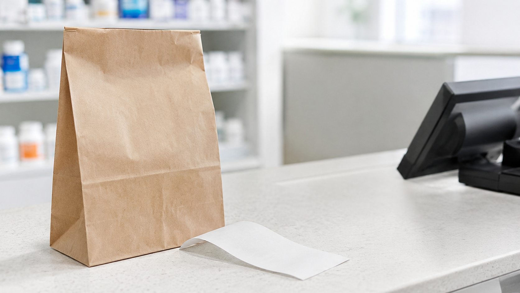 Un comptoir de pharmacie avec un sachet d'ordonnance et un ticket de caisse
