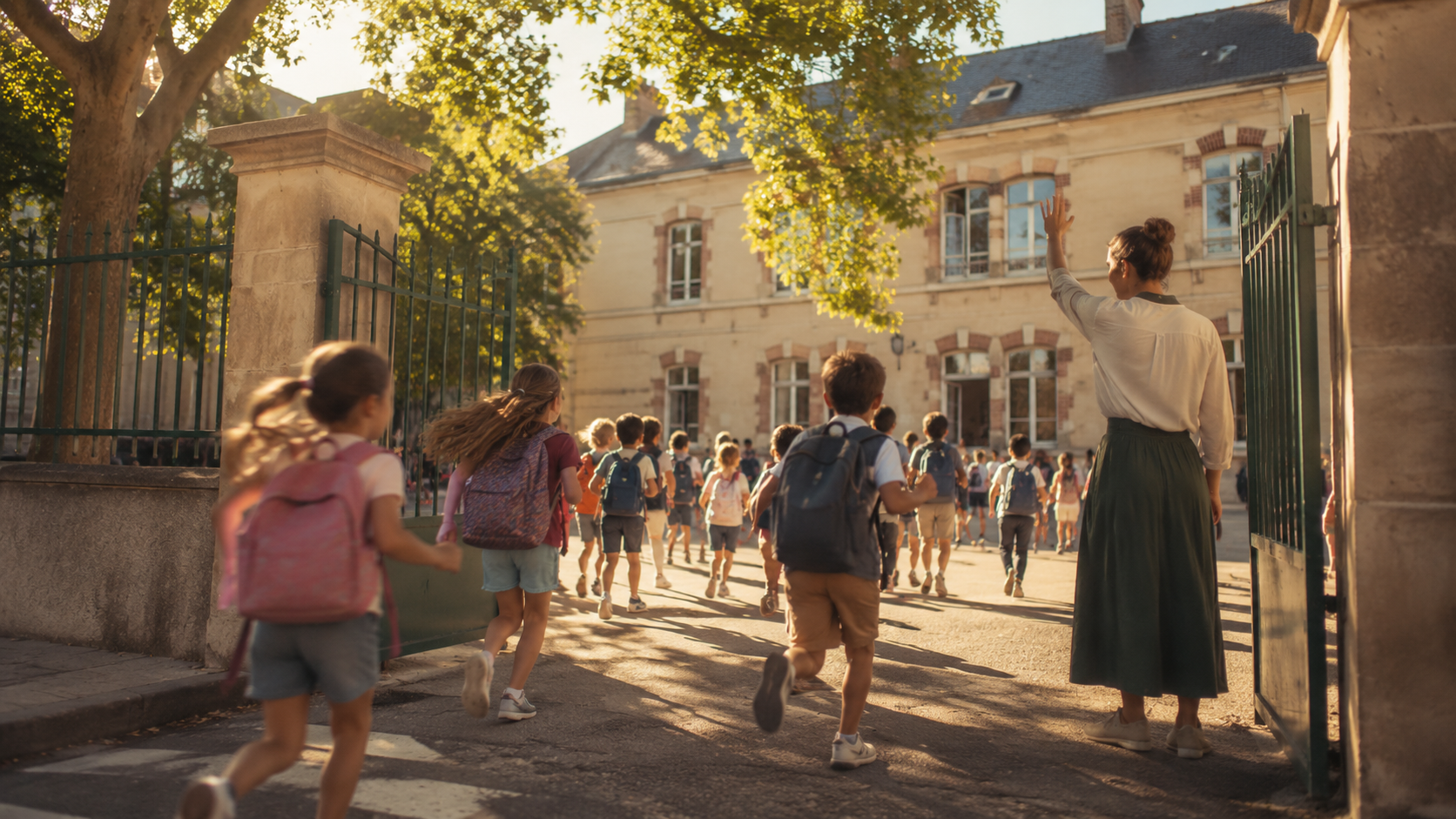 Enfants quittant la cour d'une école française le dernier jour avant les vacances d'été