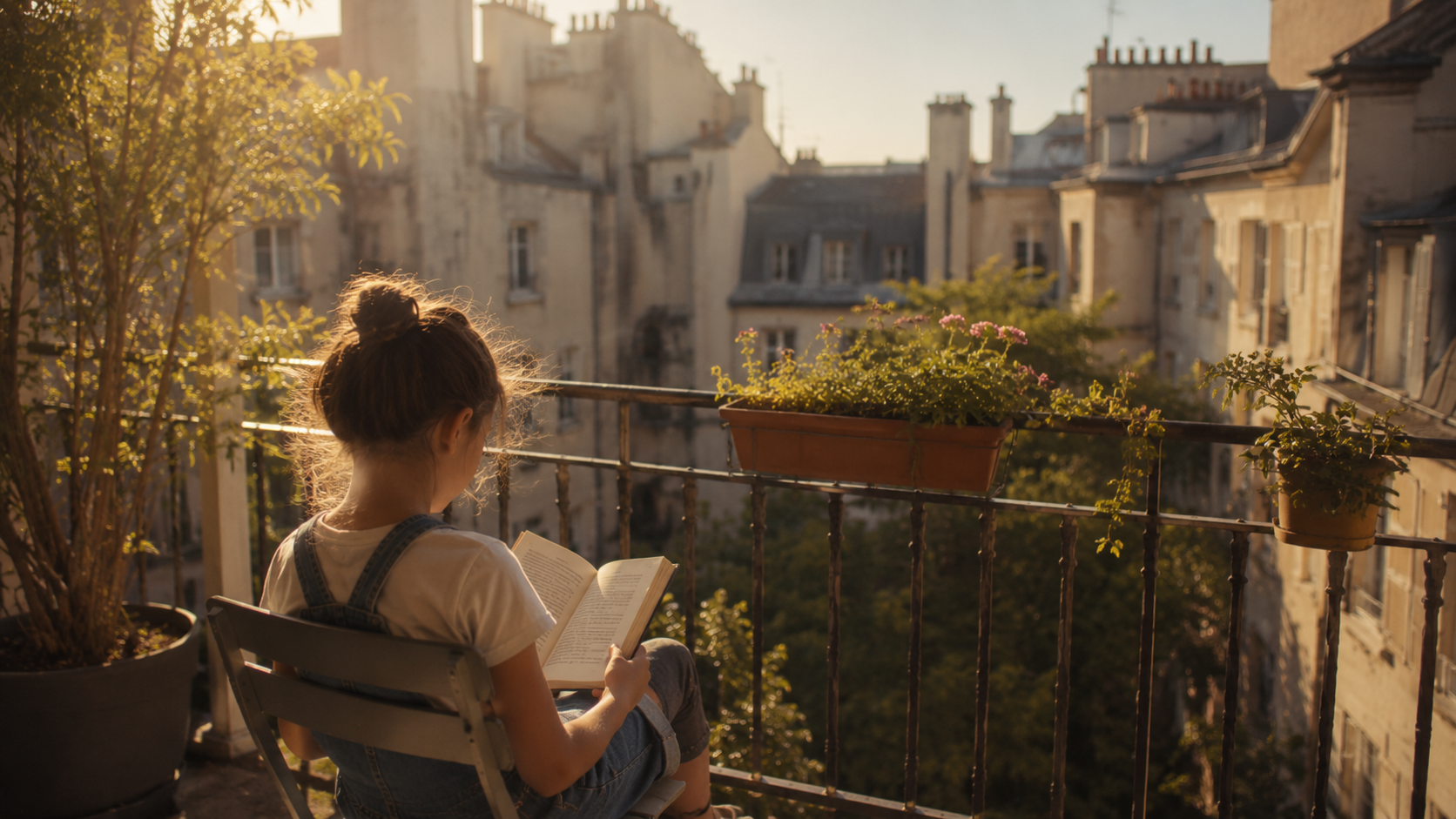 Enfant lisant seul sur un balcon d'immeuble pendant les vacances d'été en ville