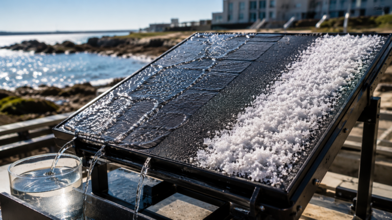 Un panneau métallique noir reçoit de l’eau salée en lumière rasante, avec des cristaux visibles sur le côté.