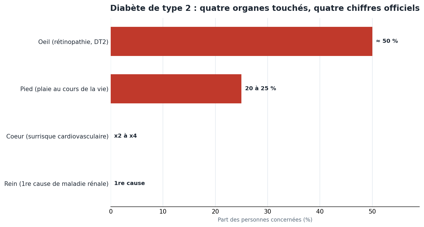 Complications du diabète de type 2 par organe en France : oeil 50 % des DT2 atteints, pied 20 à 25 % de plaies, coeur risque x2 à x4, rein 1re cause de maladie rénale
