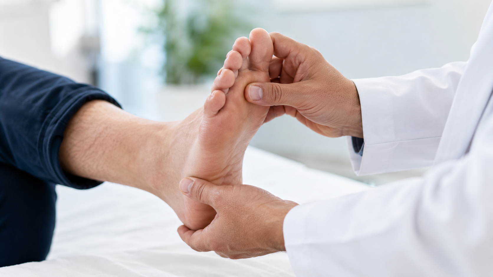 Mains d'un soignant examinant le pied d'un patient lors d'une consultation