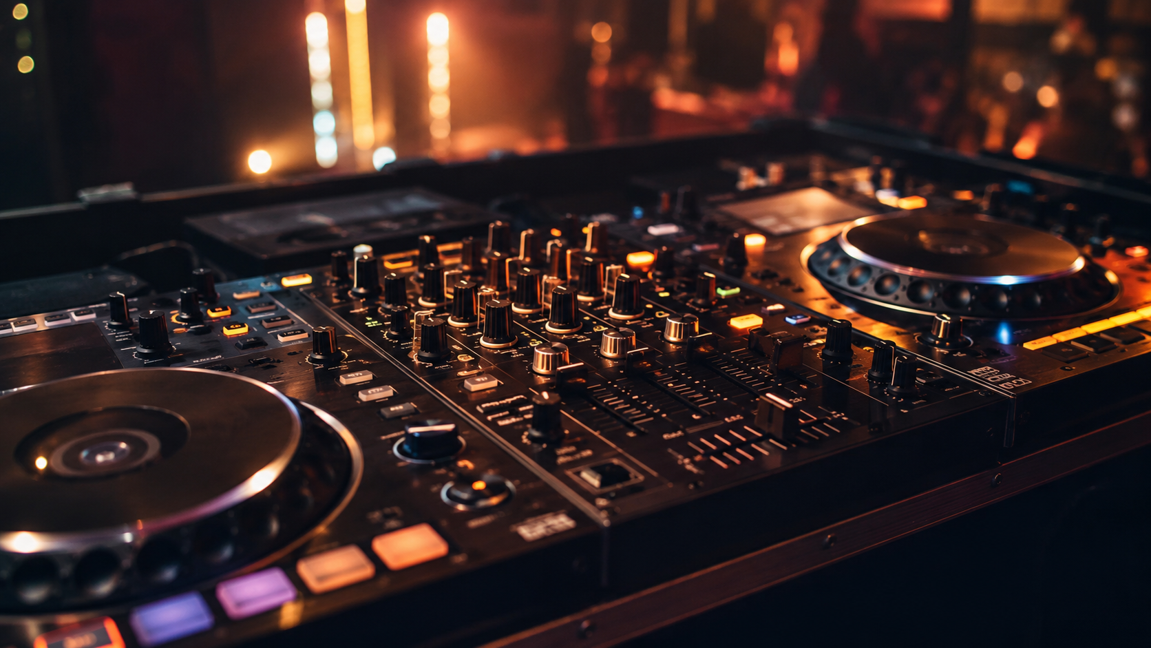 Mains d'une femme senior sur un controleur DJ, ajustant les faders sous les lumieres de scene