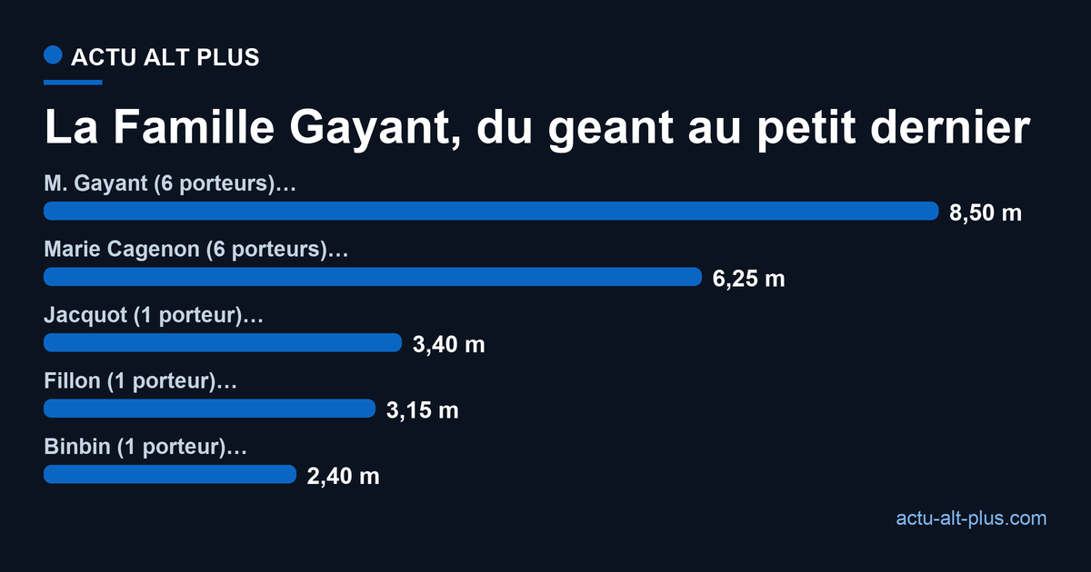 Hauteur des cinq geants de la Famille Gayant, du pere de 8,50 metres au plus petit a 2,40 metres