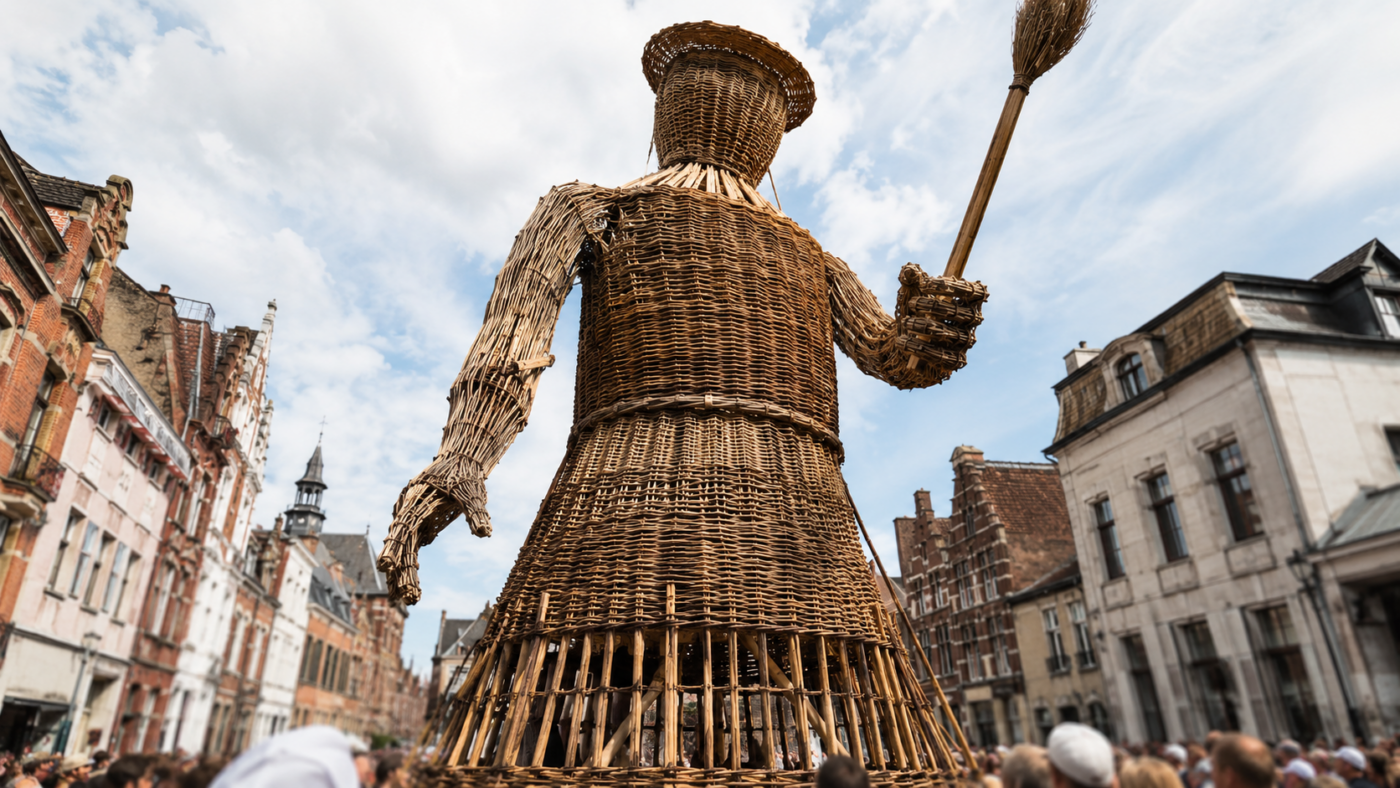 Geant d'osier processionnel dominant une rue ancienne lors d'une fete populaire