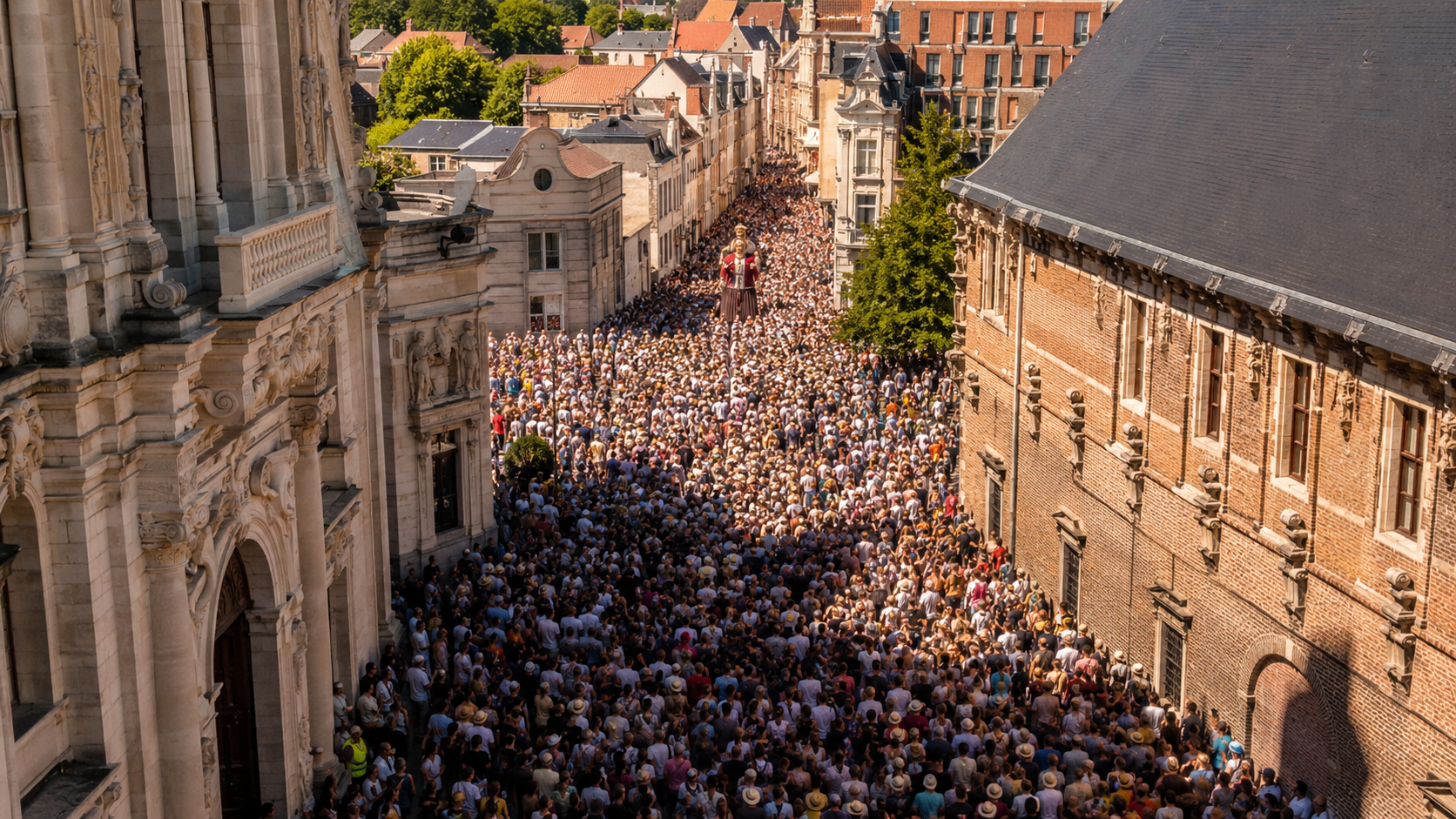 Foule compacte dans une ruelle ancienne lors d'une fete d'ete