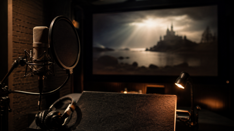 Micro de studio de doublage devant un ecran de cinema, cabine vide en lumiere tamisee